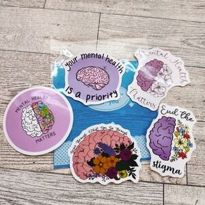 Mental Health Stickers Brain Flowers Lilac Purple Positivity Awareness Vibe 5pcs